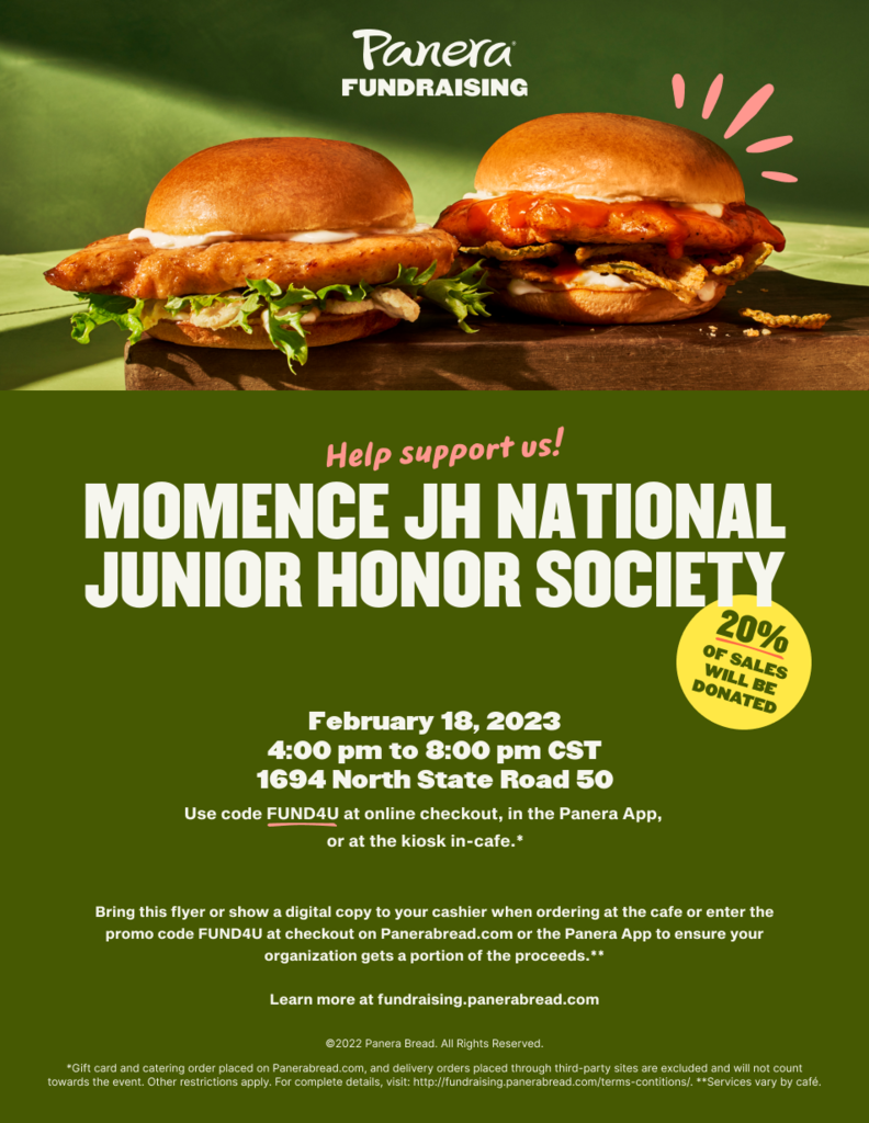 NJHS Fundraiser Feb 18, 2023 4 to 8 p.m.  at Panera in Bradley, IL