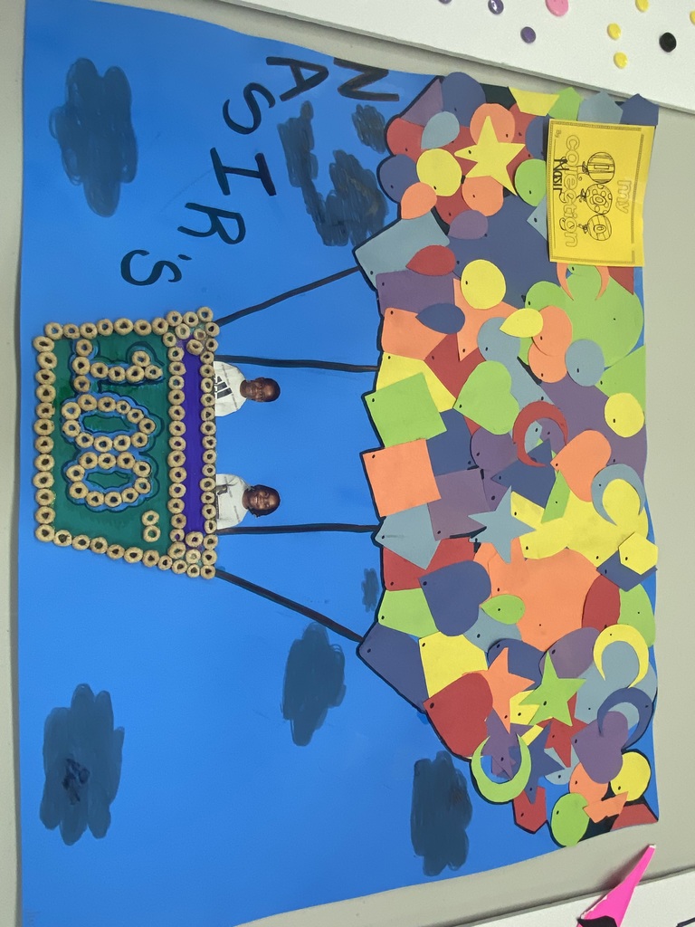 100 Days of School project with hot air balloon made with 100 cut out shapes of construction paper