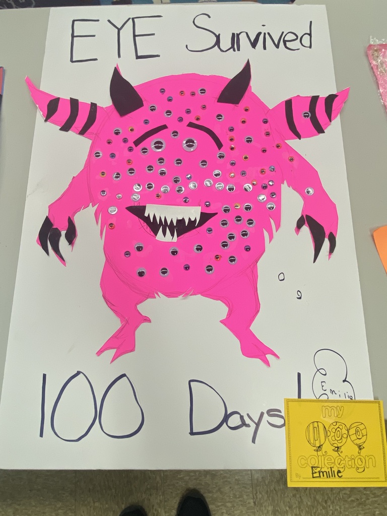 100 days of school project with a pink monster with 100 eyes